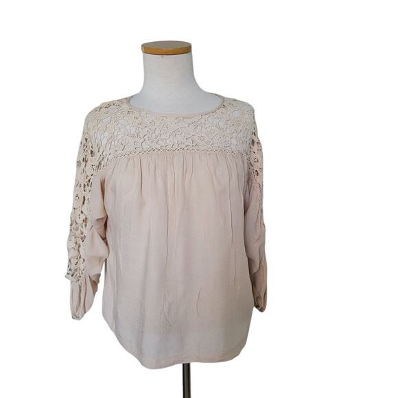 Boho Chic Tunic Blouse Crochet lace Taupe Love Stitch M Cottagecore Whimsy - Picture 3 of 15